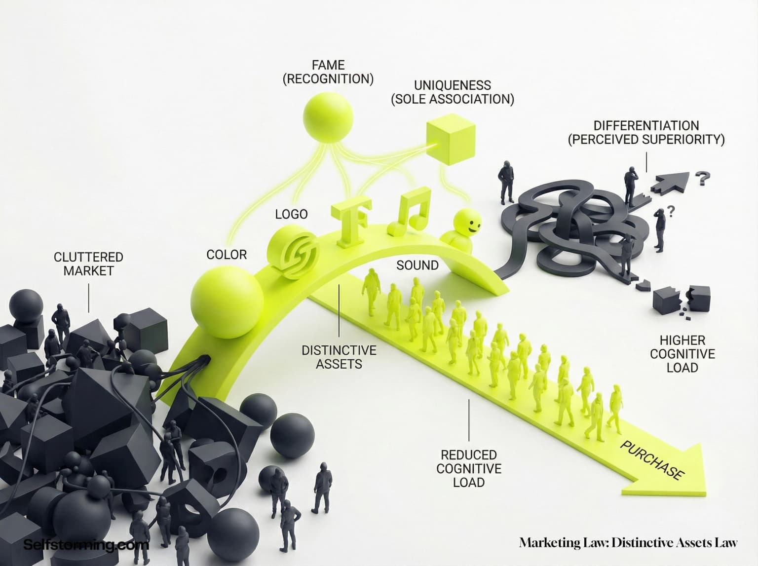 Distinctive Assets Law mechanism diagram - How Distinctive Assets Law works in consumer behavior and marketing strategy