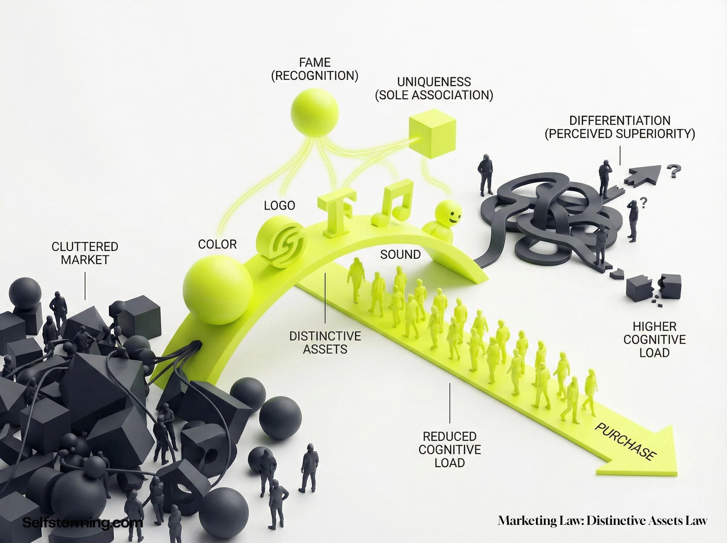 Distinctive Assets Law mechanism diagram - How Distinctive Assets Law works in consumer behavior and marketing strategy