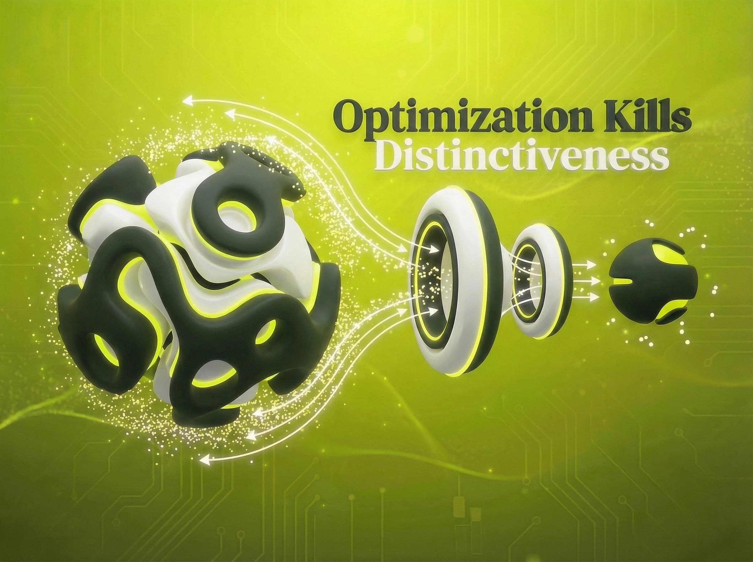 Optimization Kills Distinctiveness marketing law: Testing for perfection creates boring brands. - Visual illustration showing key concepts and examples