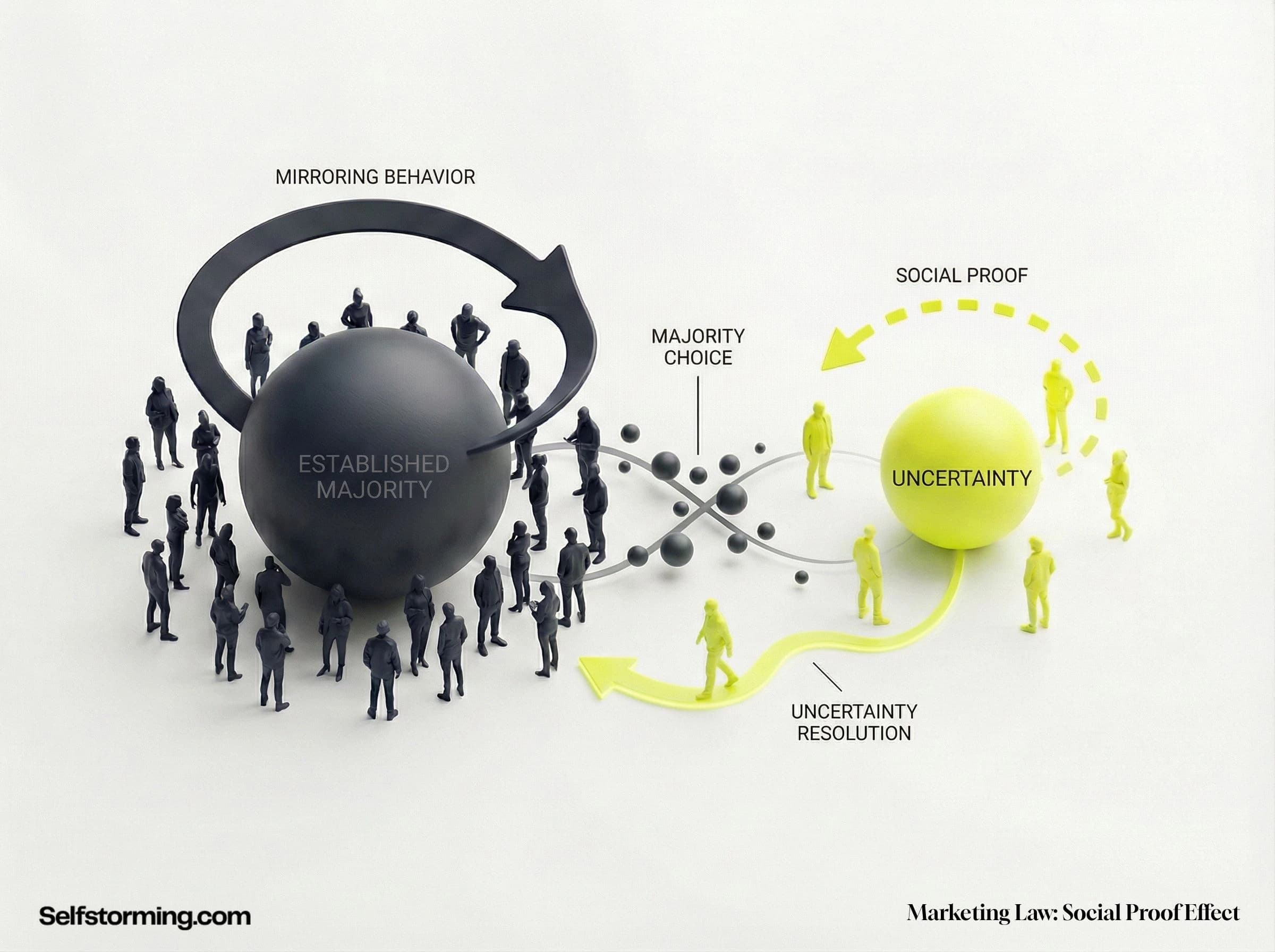 Social Proof Effect mechanism diagram - How Social Proof Effect works in consumer behavior and marketing strategy